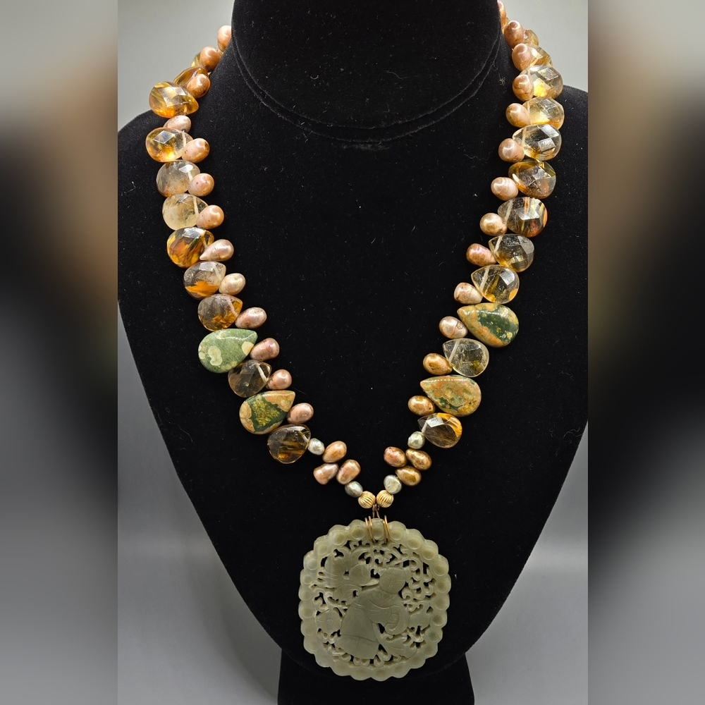 Handmade Artisan Necklace w/Jade Pendant Real Pearls RainForest Jasper & Crystal